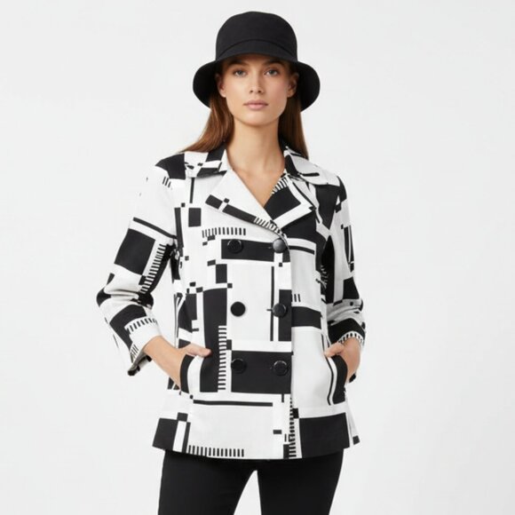 Sandro Black & White Graphic Print Button Up Pea Coat L NEW - Picture 1 of 10